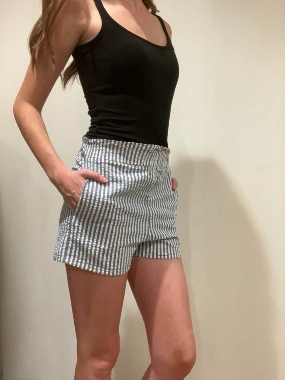 Blue and White Striped High Waist Shorts